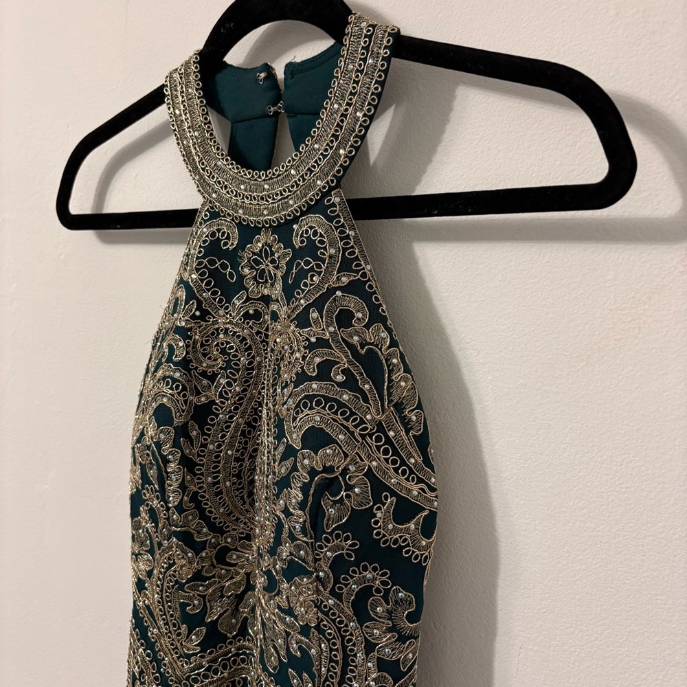 Xscape Halter Neck Gold Lace Bodice Mermaid Green Prom Dress Sz 0 - Picture 3 of 8